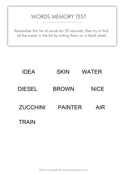 Printable Memory Test Words list 1 