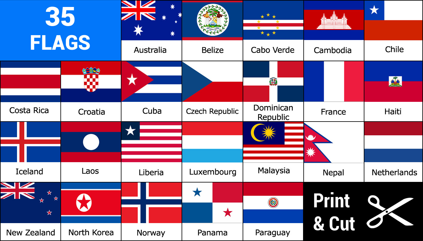 Printable Country Flags with blue, white red | Memozor