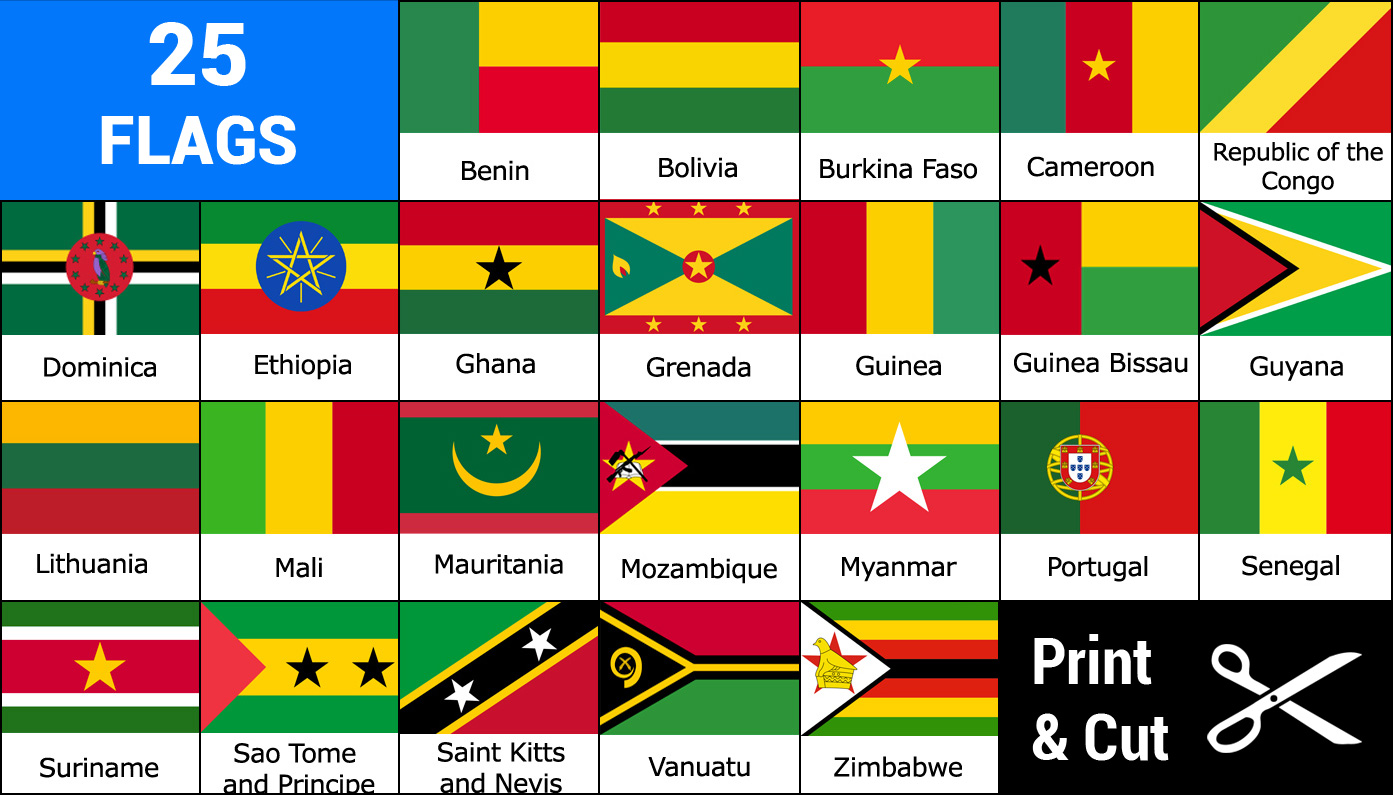 Country Names With Red Yellow Green Flags 