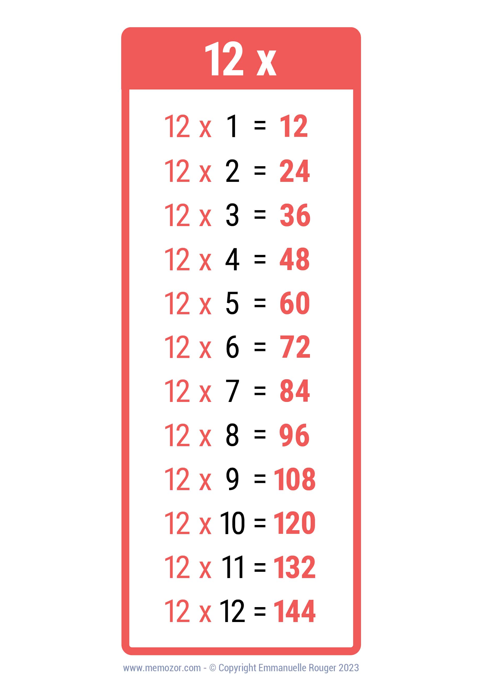 Pretty 12 Times Table Chart Print For Free many Colors Memozor