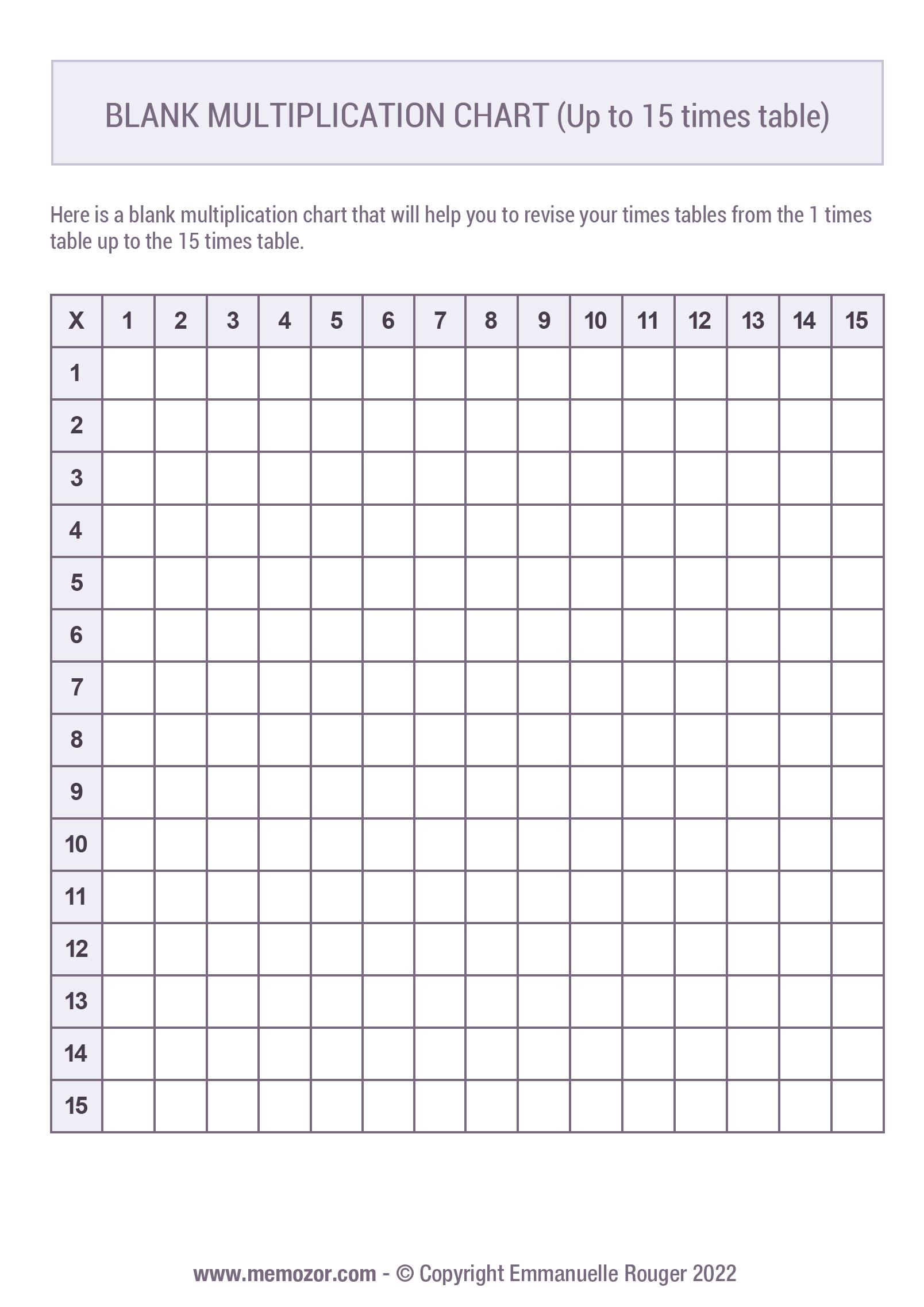 Printable Blank multiplication Chart (1 15) Free Memozor