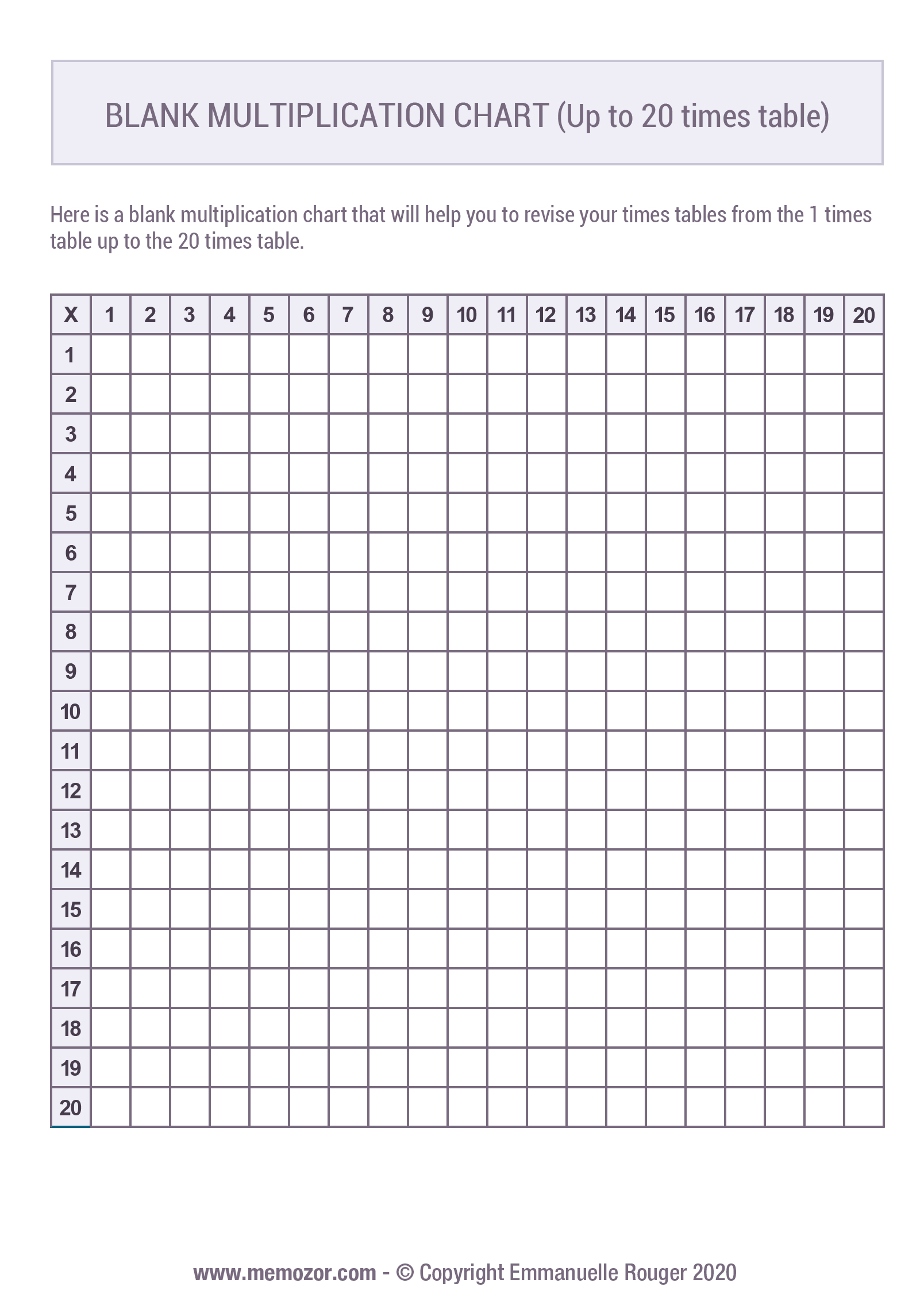 Printable Blank multiplication Chart (1 20) Free Memozor