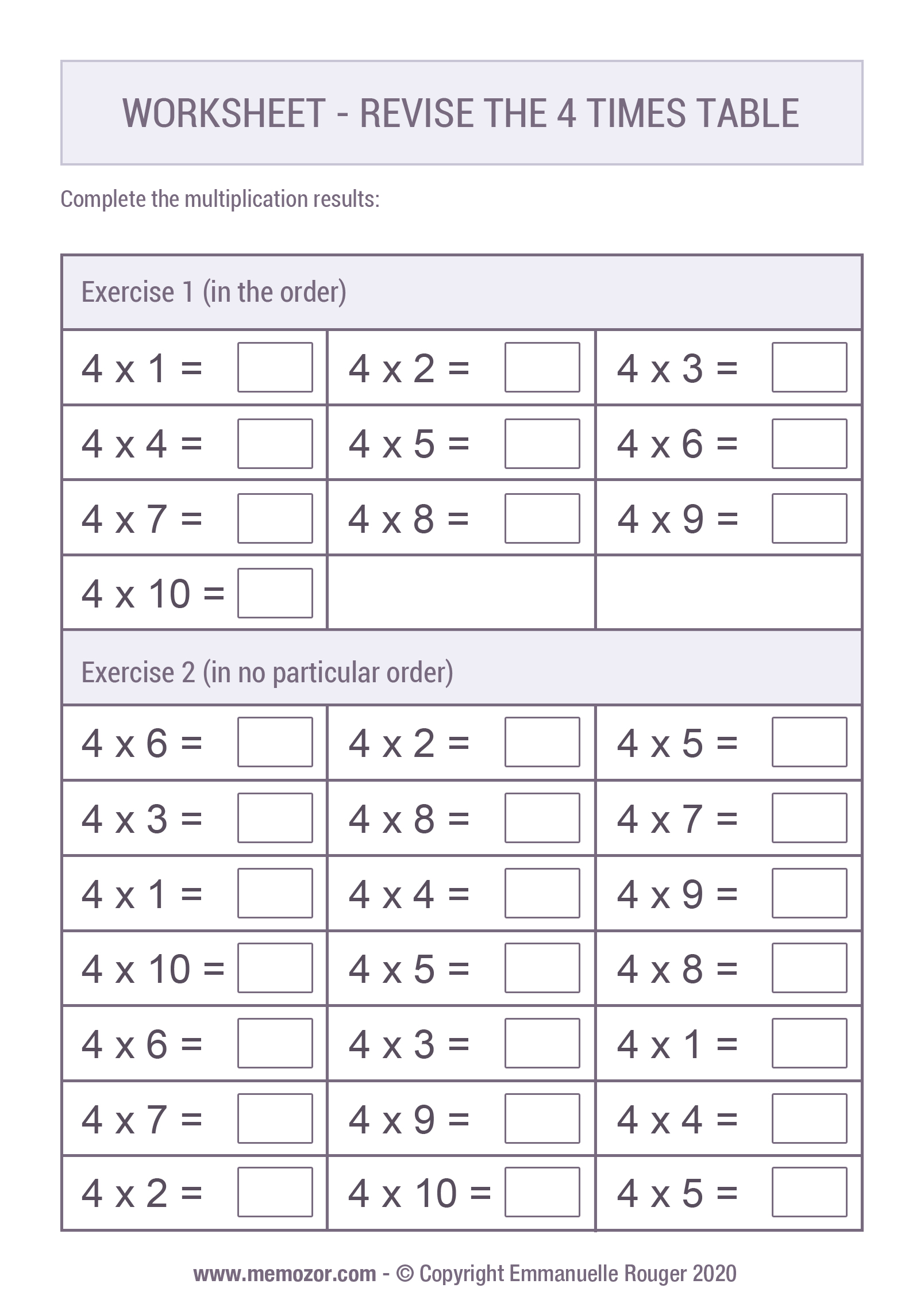 multiplication worksheets for 4 times tables