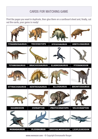 Printable Matching game Dinosaurs + 50 cards | Memozor