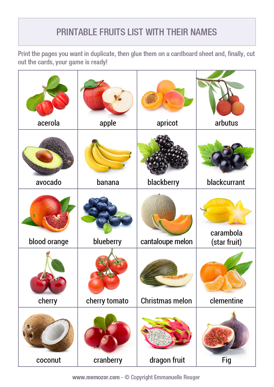 List of 50 Fruits with Names and Pictures - Printable