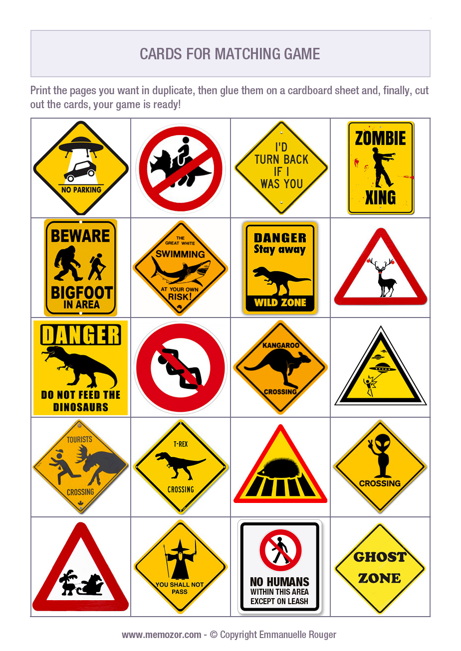 Printable matching game for kids - Funny road signs - Print and cut out ...